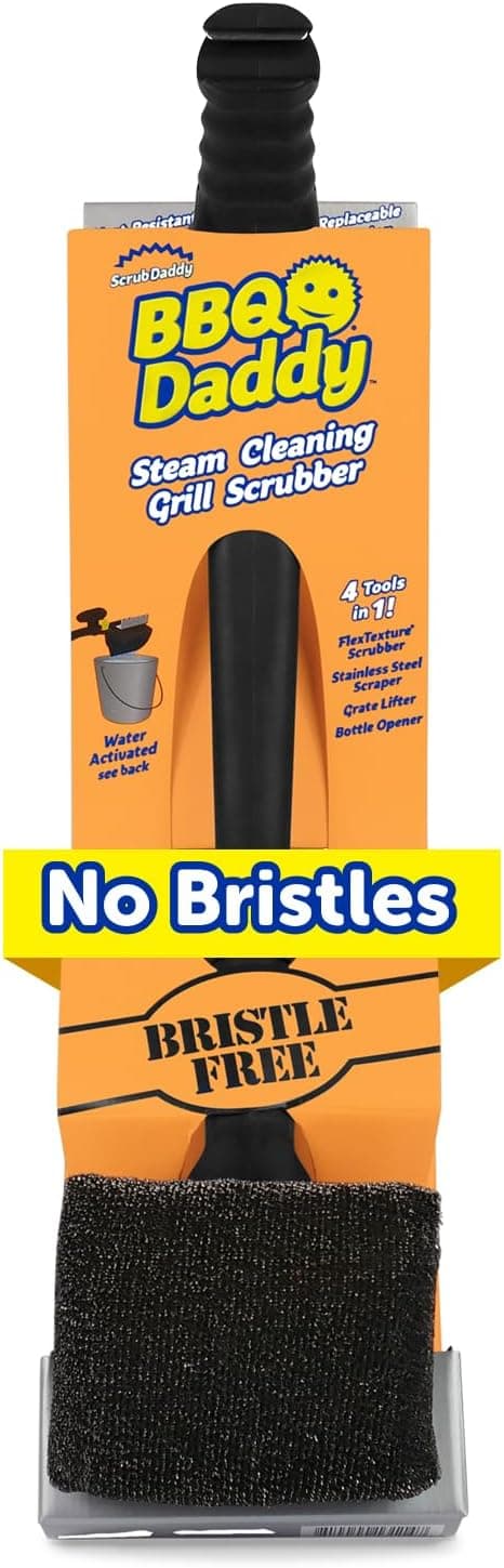 Scrub Daddy BBQ Daddy Grill Brush — cleaning a hot grate with nothing loose to shed