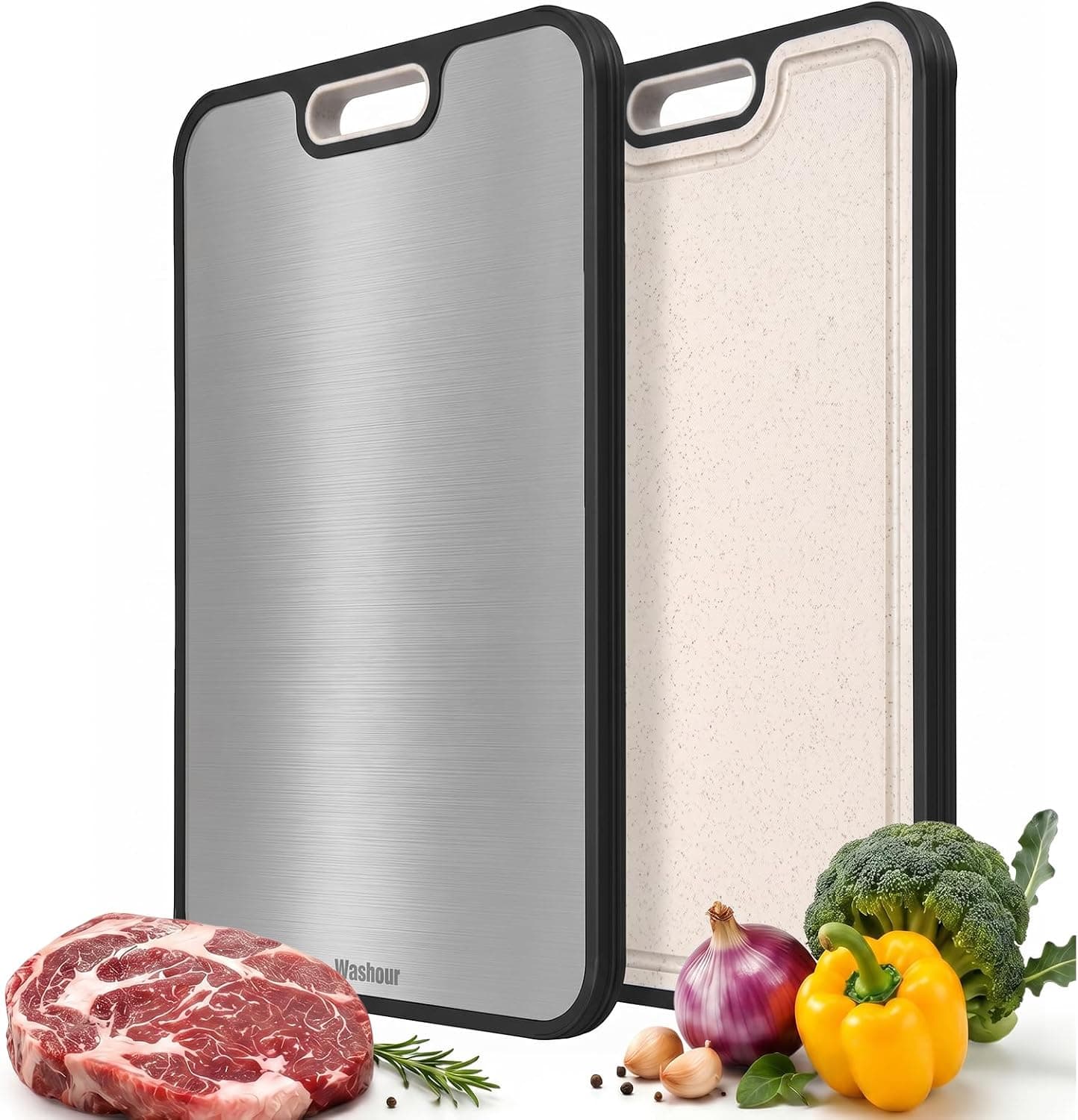 Washour Non-Toxic Titanium Cutting Board, 15 × 10 in, Double-Sided — a non-porous surface that will not hold raw-meat juice