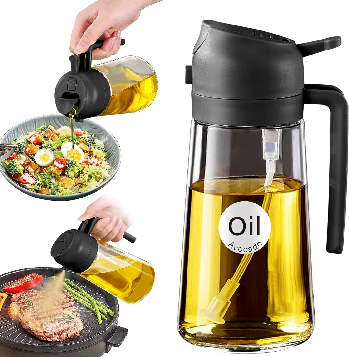 YARRAMATE 16 oz 2-in-1 Glass Olive Oil Sprayer — switching between a mist and a pour without a second bottle