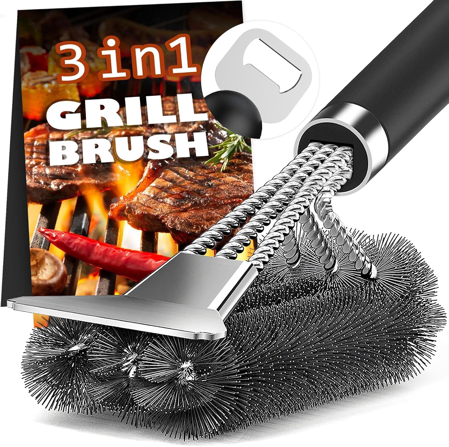Adjustable-Handle Grill Brush and Scraper, 18 inch — reaching the back of a deep grill