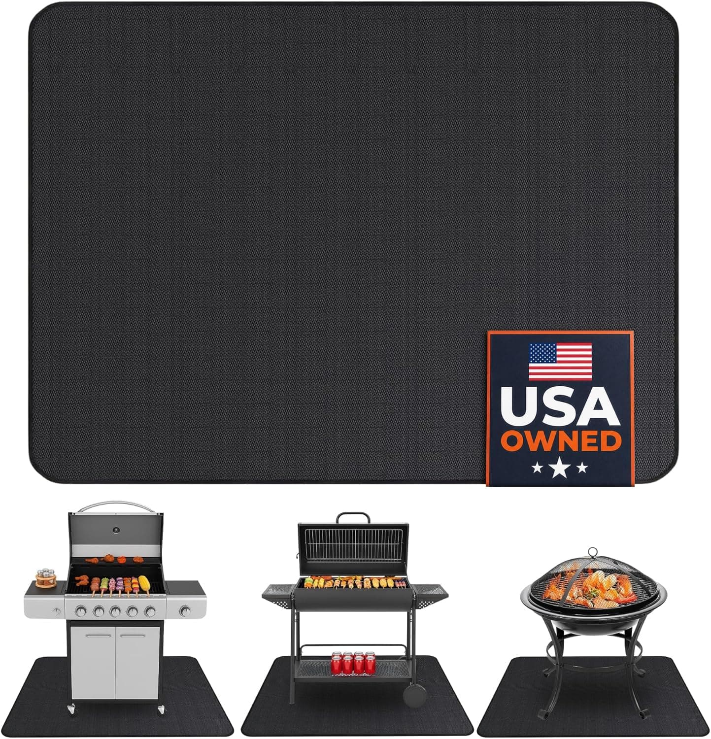 Under-Grill Mat, 48 × 30 in Double-Sided Deck & Fire Pit Pad — a full-size grill on a deck, patio or under a fire pit